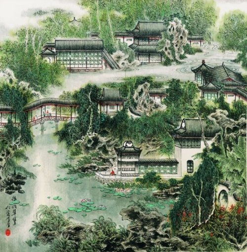 Traditional Chinese painting, Suzhou gardens by 曹仁容Cao Renrong.