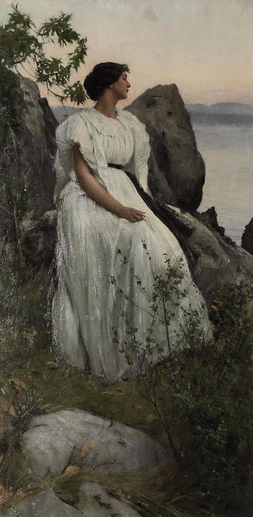 Adolf Hiremy-Hirschl, Lady in white at a lakeside (between 1860-1933). Oil on panel, 70 x 34.5 cm. P