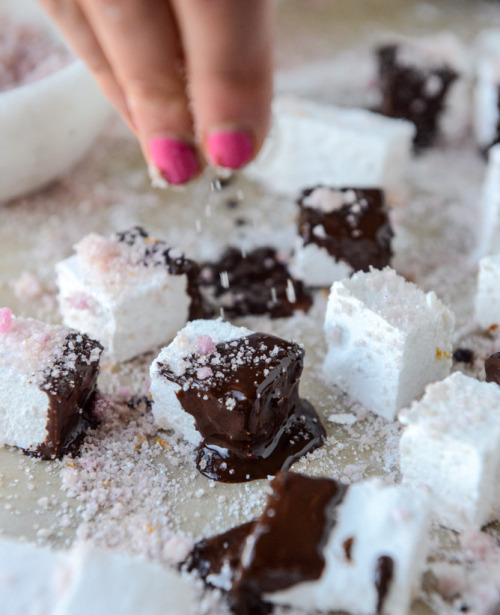 sweetoothgirl:chocolate dipped mini champagne marshmallows with blood orange sugar