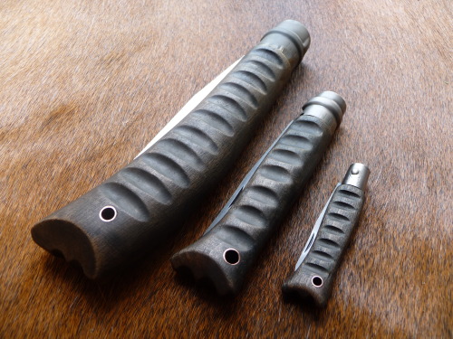 jeffzie:  ru-titley-knives:  Opinel trio now complete ,  well apart from the sheaths obviously .  Custom knives , sheaths and gear from rtknives@hotmail.com  Nice custom work.