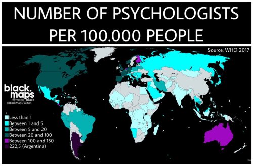 the-catto:pass-the-boof-please:  the-catto:mapsontheweb:  Number of psychologists per 100,000 peopleby @maps_black   ARGENTINA ES NUMERO UNO! CAMPION DEL MUNDO! SOMOS LOS MEJORES! why dos Argentina have 222.5 psychologists per 100,000 people   