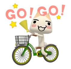 A sticker of Toro on a green bike. the exclamation GO GO! is above him.