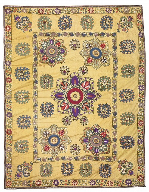 suzani:A silk Suzani wall hanging, hand embroidered tapestry, natural dyes, Tashkent region. 19th c.