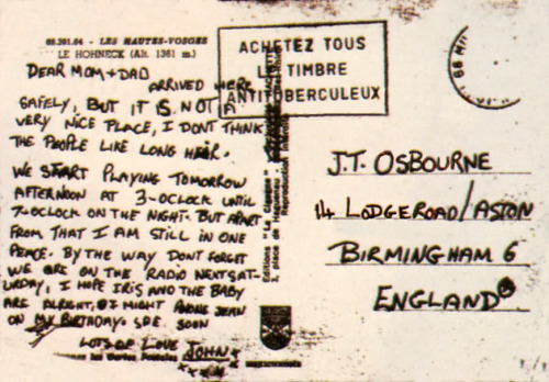 blacksabbth: Postcards Ozzy wrote to his parents while on tour during the 70s