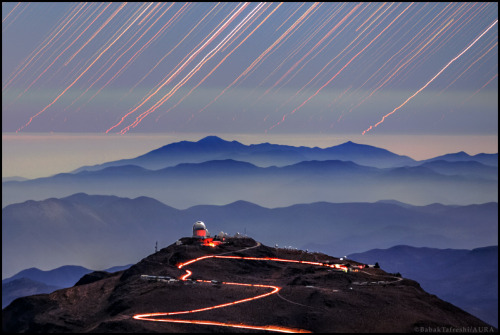 Cerro Tololo Trails : Early one moonlit evening car lights left a wandering trail along the road to 