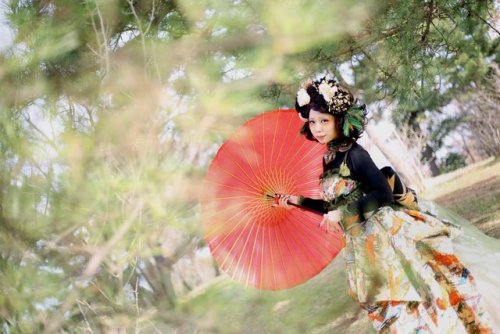 Loli outfit (using a bingata kimono) shots in front of kadomatsu decorations, seen on