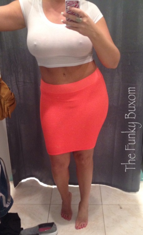 thefunkybuxom:  Tried on this  hoochy mama outfit… Shirt is WAY too small. But I knew J would get a kick out of and if he did you would too… Plus I know how y’all liked dressing room sets.