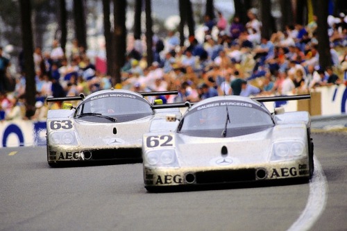 Twin Sauber-Mercedes C9s at the 1989 24 Hours of Le Mans.