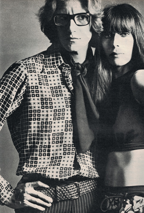 Yves Saint Laurent, with his sister Brigitte, in Elle France, May 1969. Photographed by Helmut Newto