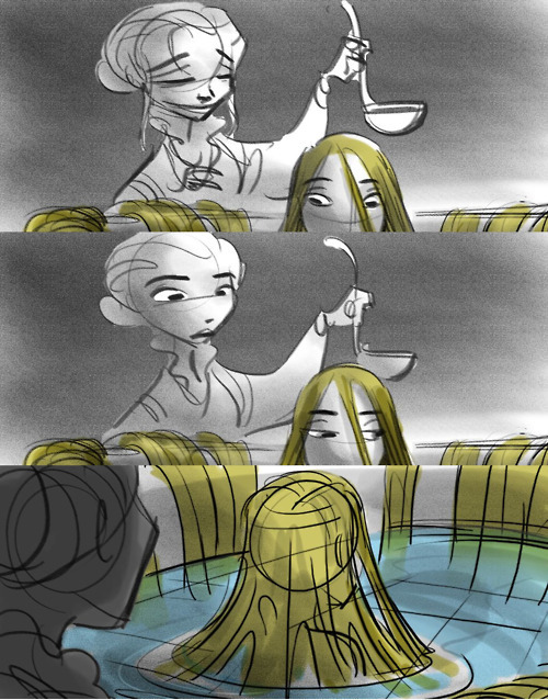 arielthethirdannathesecond:  goodgirlforthegrasshopper:   Storyboards from the old and darker version of Tangled.  These panels are from a sequence in which Mother Gothel begins to suspect that Rapunzel has had contact with the outside world. Rapunzel