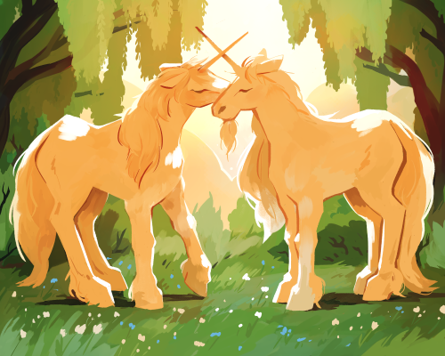 mysticellus:[id: a digital drawing of two unicorns nuzzling their faces together. Their eyes are clo