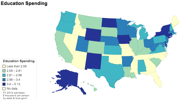 This map, which I made on Chartsbin with data from this site, shows per capita annual spending on education by state and local governments in the US.
(Note that it’s per person, not per student, and the units are thousands of dollars per person per...