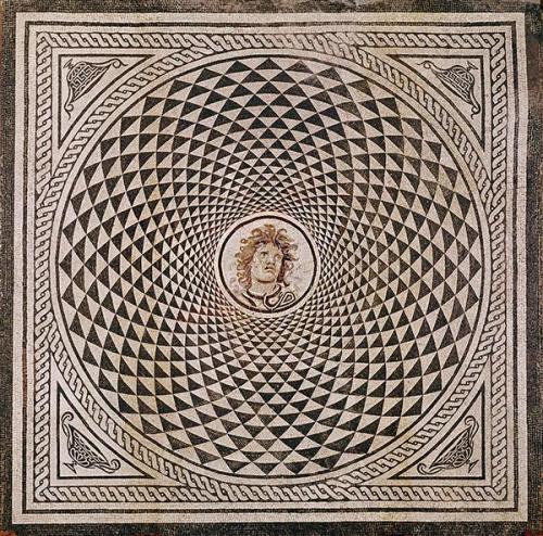 historyarchaeologyartefacts: Roman mosaic of Medusa, amazing depth in the design, Italy, ca 100-150 