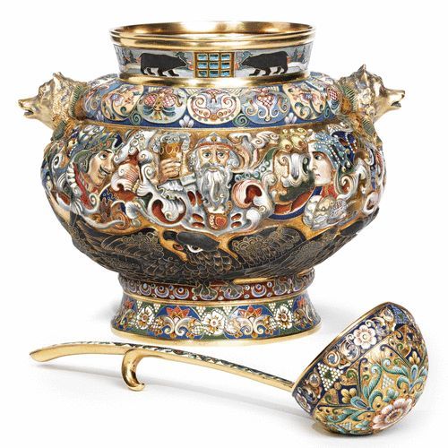 An Extremely Rare Russian Gilded Silver and Shaded Enamel Pictorial Punch Bowl and Ladle, Feodor Rüc