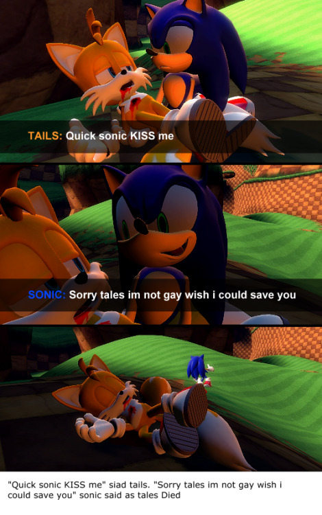 fanfictionimg:  “Quick sonic KISS me” siad tails. “Sorry tales im not gay wish i could save you” sonic said as tales Died. 