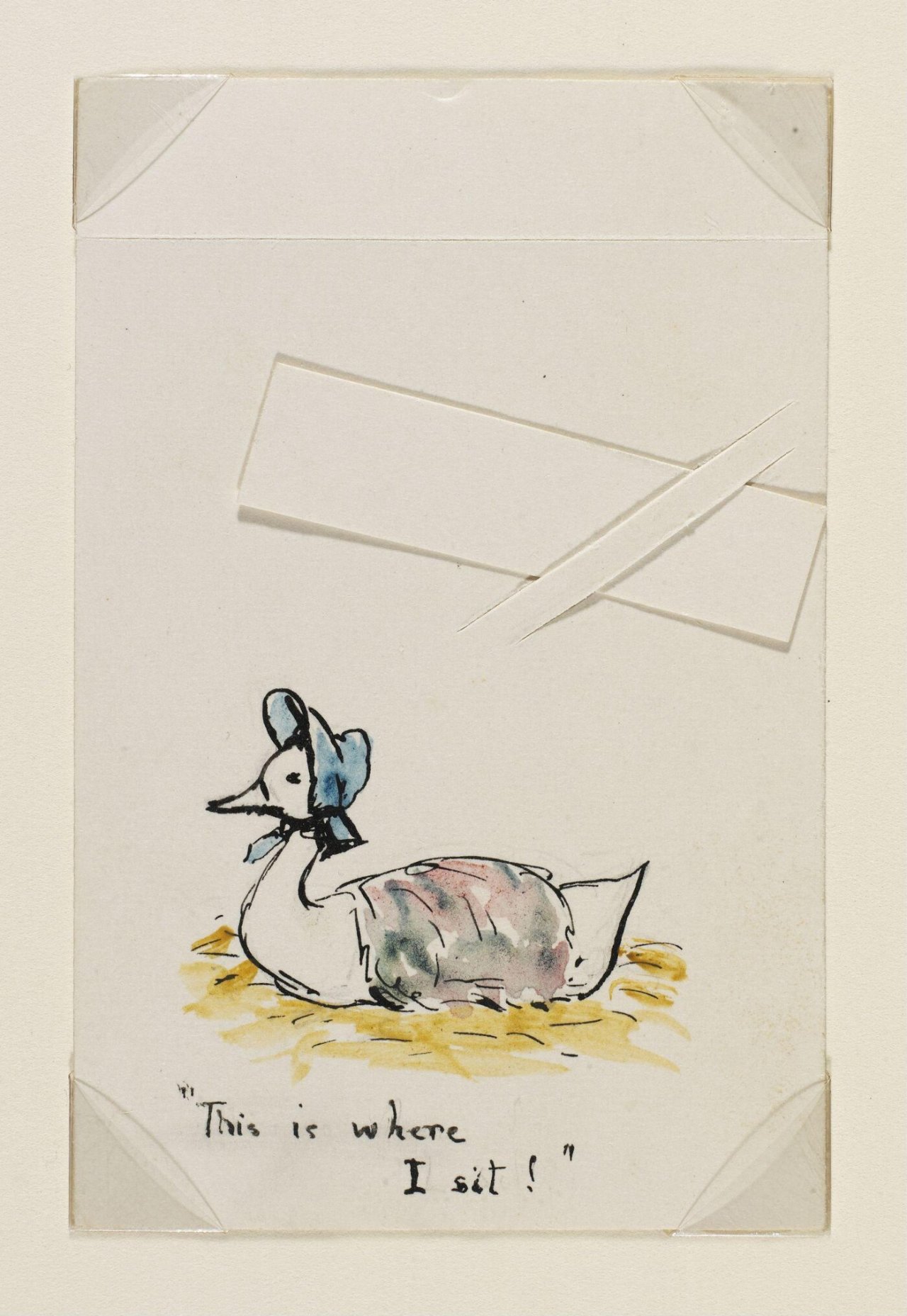 Place cards, drawn by Beatrix Potter (1866-1943)   Melford Hall, Long Melford, Suffolk, was the home of Beatrix Potters (1866-1943) cousin Ethel Hyde-Parker. Beatrix visited many times with her entourage of pet animals as a break from London. She liked to try her tales out on the young children there to see their reactions. This dinner card is part of a set of 15 produced by Beatrix for Melford Hall and was used by Ethel Hyde-Parker’s daughter, Stephanie. Names of guests could be inserted into the diagonal slots. [V&A] #beatrix potter#jemima puddleduck#peter rabbit #victoria and albert museum #illustrations#childrens books#place cards