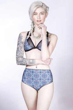 colieco: ECO high waisted knickers - cute panties in blue tile print RPET recycled polyester fabric, cut out design, ethical clothing to order 