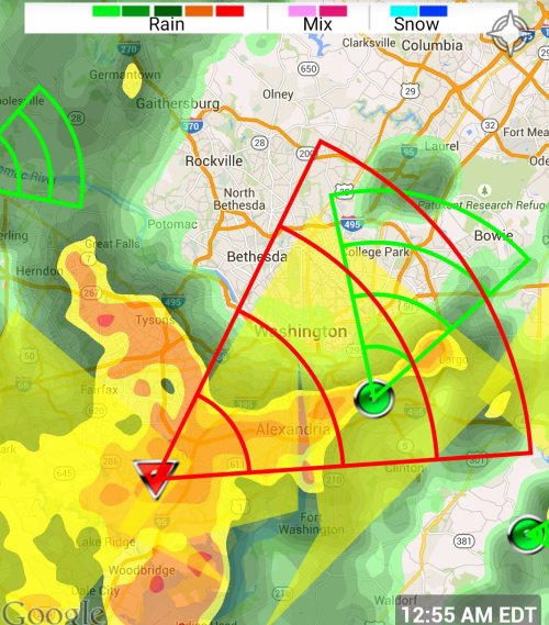 averyangryfeminist:  So that’s the weather channels symbol for tornadic activity in a thunderstorm (aka possible tornado) and its literally headed for dc so PLEASE be careful!! Take shelter if necessary or if a tornado warning is issued!! Reblog to