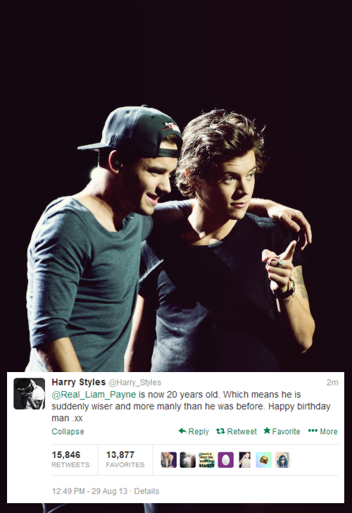 wooyoun-g:  @Real_Liam_Payne is now 20 years old. Which means he is suddenly wiser and more manly than he was before. Happy birthday man .xx 