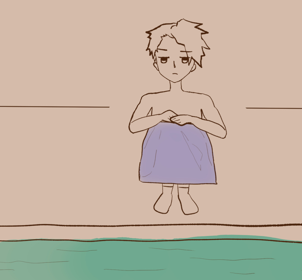 Small doodle of Ranvir is crouching in a light blue lungi in front of a sea green pond by his uni...!