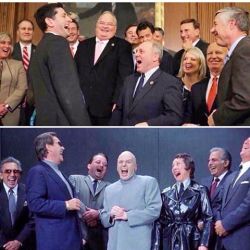 One of these pictures is of a group of evil people plotting the destruction of the world. The other is a still from austinpowers . republicansareevilconmenwhoeatpuppies