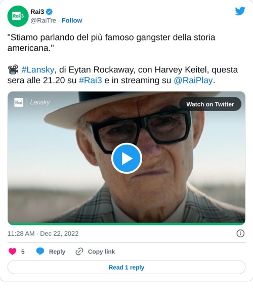 "Stiamo parlando del più famoso gangster della storia americana."  📽 #Lansky, di Eytan Rockaway, con Harvey Keitel, questa sera alle 21.20 su #Rai3 e in streaming su @RaiPlay. pic.twitter.com/LaT75iahVm  — Rai3 (@RaiTre) December 22, 2022