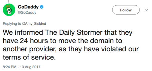 the-future-now: the-future-now: GoDaddy tells the ‘Daily Stormer’ it will no longer host