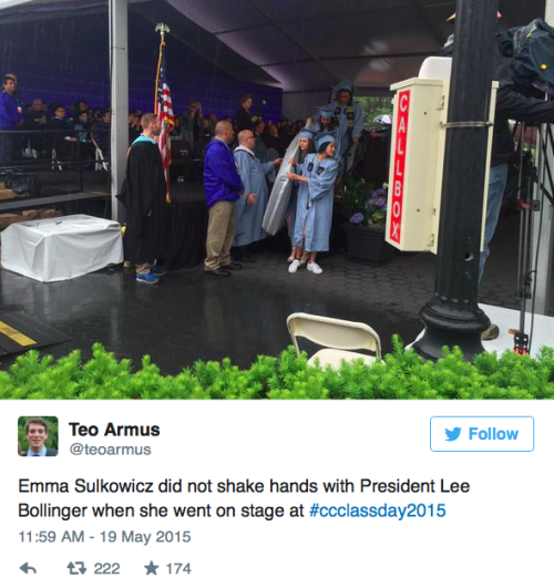 misandry-mermaid: micdotcom: Columbia rape survivor Emma Sulkowicz carried her mattress at graduatio