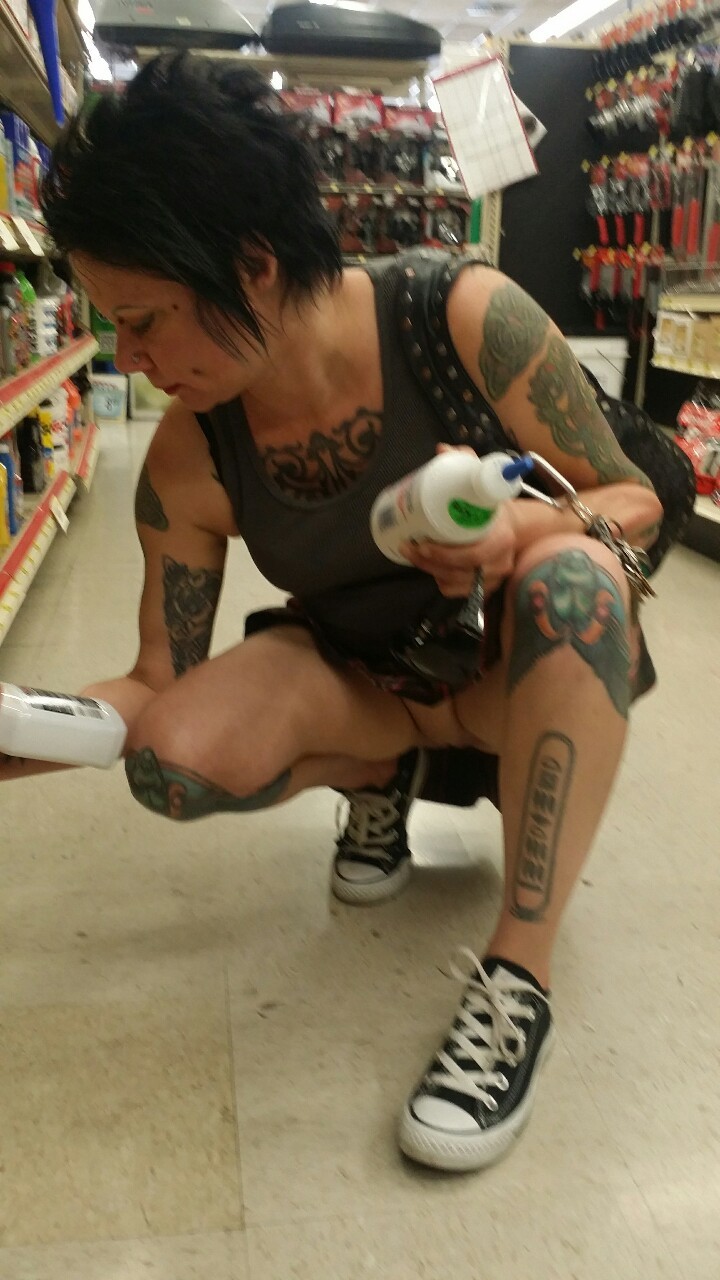 garland1970:  Another sexy day at the store.  My slut wife showing her shaved cunt