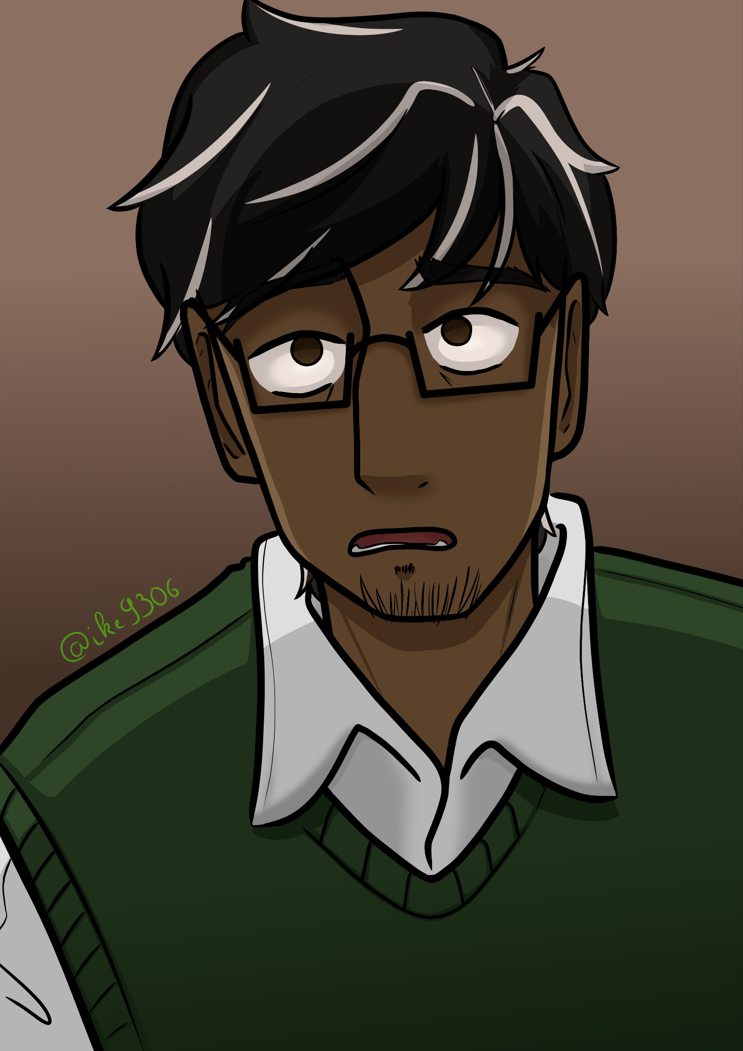 A close up of Jonathan Sims' face. He is very afraid