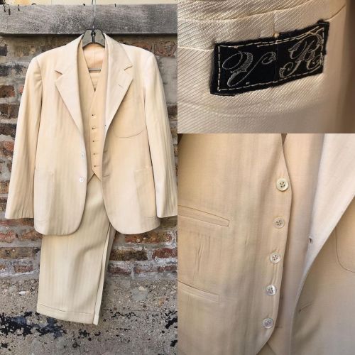 Just one more day to get your bids in on this brilliant 1930s herringbone gabardine suit. A rare 3 p