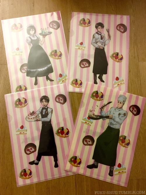 Arrived today: clear files of waiters Eren + Mikasa and chefs Levi + Erwin from the Shingeki no Kyojin x Sweets Paradise collaboration!