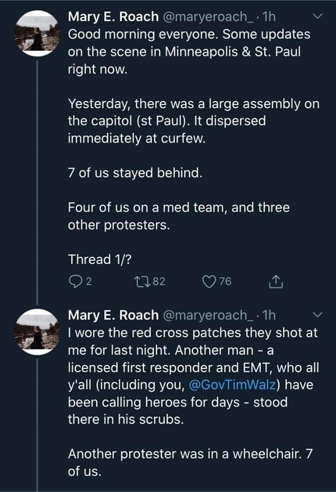 phoenixonwheels:READ. EVERY. WORD. OF. THIS.  Account of a medical team out in St. Paul last night.Link to original tweet thread.