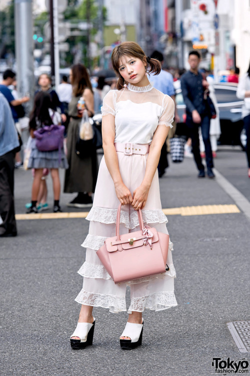 Tokyo-based Thai model Vienna on the street in harajuku wearing a Bubbles Harajuku top, Honey Mi Hon