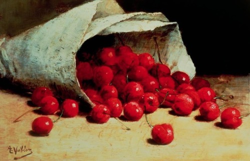 “A spilled bag of cherries” (1890s, France) Oil on canvas, By Antoine Vollon