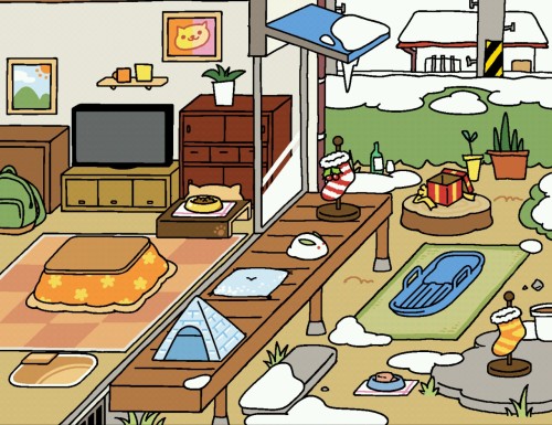brightlycoloredcolors:cat-pun:it’s raining irl but my neko atsume setup is very festivewhy did you p
