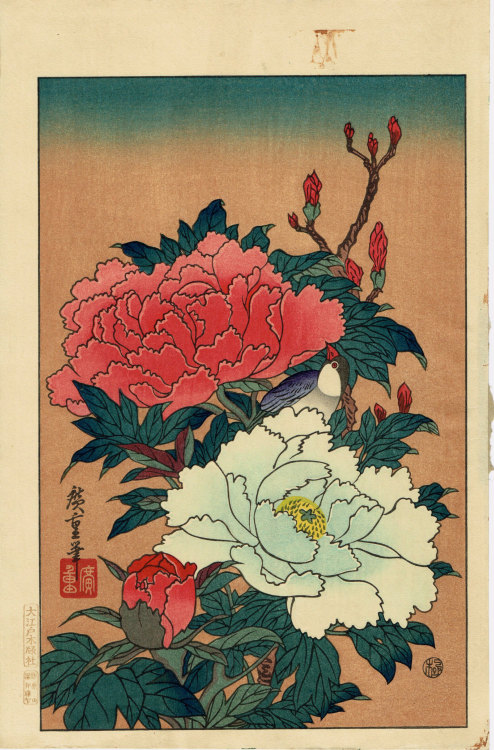 ukiyoecosmos: Japanese Ukiyo-e Woodblock print, Hiroshige, “Peonies and Bird” by UkiyoeC