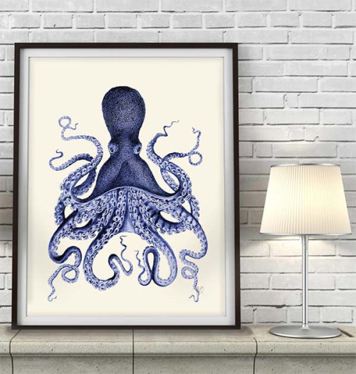 Octopus Print Blue 3- Octopus wall art Octopus poster octopus illustration Nautical Print Digital Pr