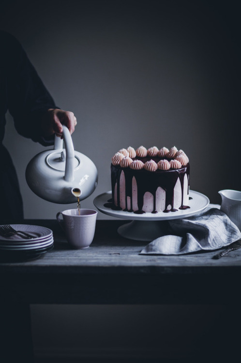sweetoothgirl:Chocolate Cake with Strawberry Buttercream and Dark Chocolate Glaze The aesthetic is *
