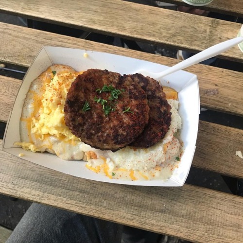 Gritty Scrambled Cheesy Bitch. Biscuits and eggs and grits and sausage covered in gravy. The most de