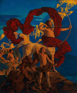 ganymedesrocks:  Maxfield Parrish’s, Jason and His Teacher, which recently changed hands through Heritage Auctions, is a great work.  Jason, later the leader of the Argonauts, is depicted as a tutor of the centaurs, Chiron, also the instructor of Hercules