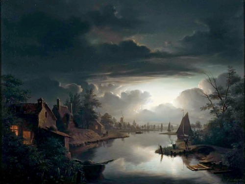 Petrus van Schendel - River Landscape in the Silver Moonlight. 1843.