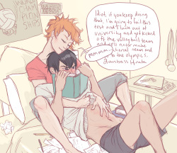 reallycorking:  1. kagehina are volleyball nerd college boyfriends sharing a dorm room  2. hinata is really into kageyama’s abs!! like a lot 3. kageyama is WEAK 