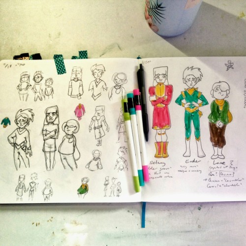 A Sketchbook Spread Showing Some Character Designs. Meet Delany, Ender, And Quinn