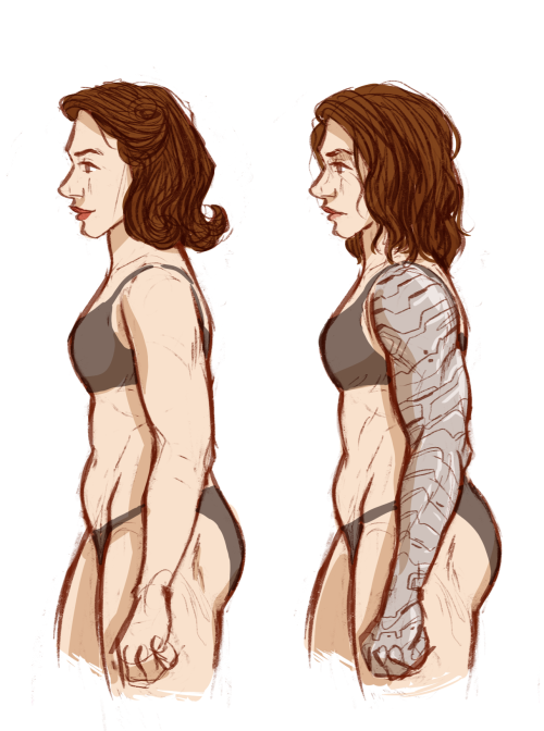 last night i felt like doing pre &amp; post-serum body studies for fem steve and bucky. in my mind, 