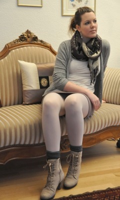 Tightsobsession:  Mini Skirt With White Tights And Boots. 