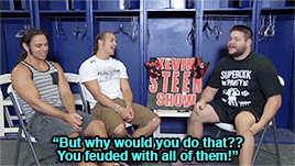 mith-gifs-wrestling:  Kevin does not let a silly thing like a feud interfere with the chance to have fun wrestling.  Kevin in those short shorts 😍