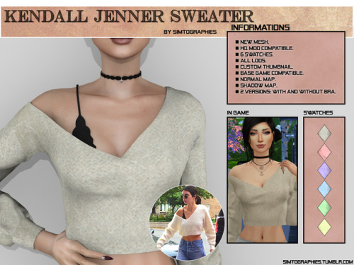 simtographies: Kendall Jenner Sweater - NEW MESH NEW MESH. 2 versions: With and without bra. 6 Colo