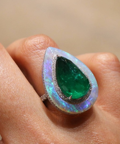 gemville:Outstanding Emerald, Diamond and Opal Pear Shaped High Jewelry Cocktail Ring by Saboo Fine 