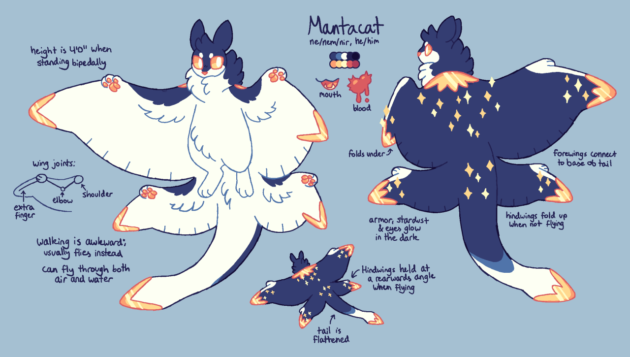 BIG HUGE mantacat redesign!!!! based more heavily on sky’s cosmic mantas, as well as the mantas in sky that have multiple pairs of wings
for reference, mantapup’s reference is here, and pre-redesign mantacat’s reference is here
notes transcript under...